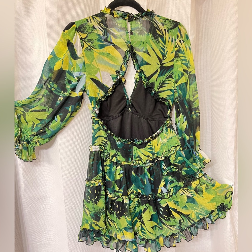 Whimsical forest fairy long sleeve Mini short sheer green yellow mosscore dress - Picture 3 of 6